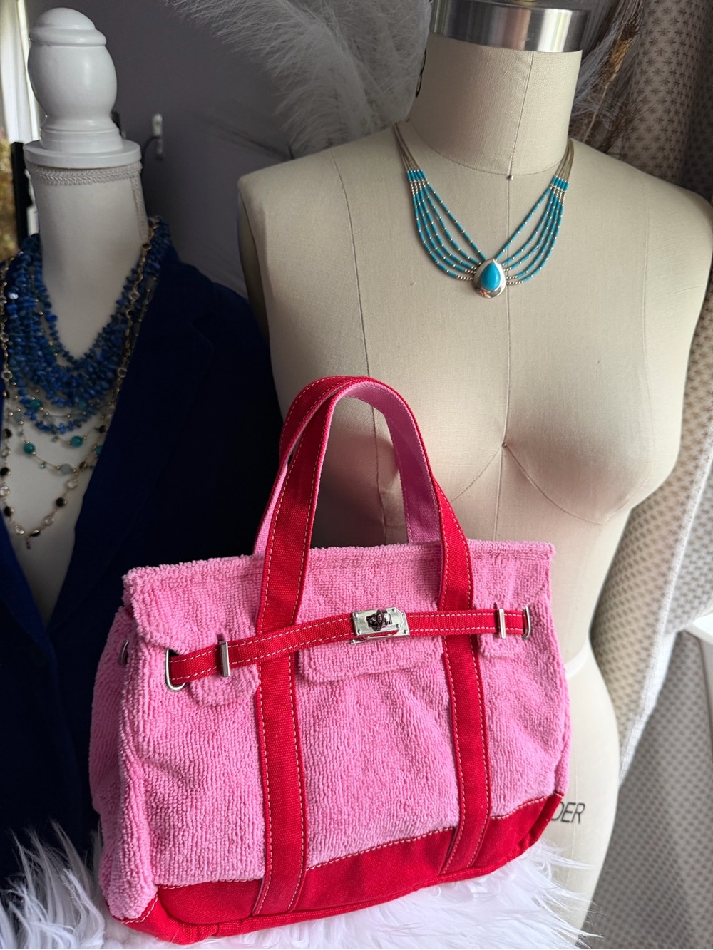 SUNWIN | Madaket Bubble Gum/Lobster Red Terry and Cotton Small Tote Handbag